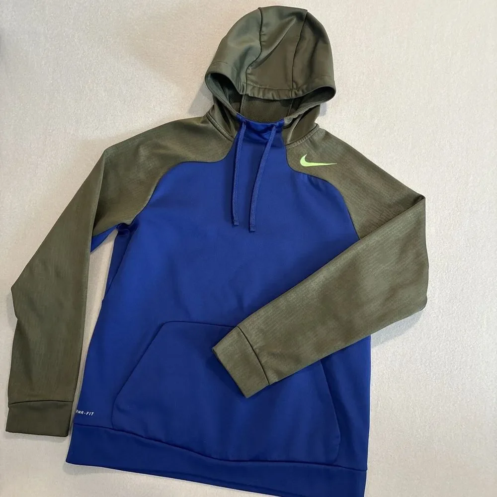 Nike Therma-Fit MEDIUM BLUE/OLIVE GREEN Hoodie‎ Jacket Mens Logo EXCELLENT